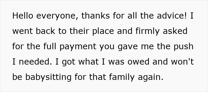 Extracto de texto de una niñera explicando cómo una familia intentó evitar pagar el monto total después de que su bebé se durmió.