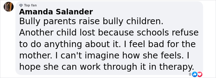 Comentario de Facebook de Amanda Salander expresando simpatía por una madre recaudando fondos después del suicidio de su hijo de 13 años.
