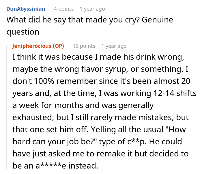Captura de pantalla de un hilo de Reddit que discute un barista que usa la venganza descafeina para enseñarle a un soldado grosero una lección en respeto.