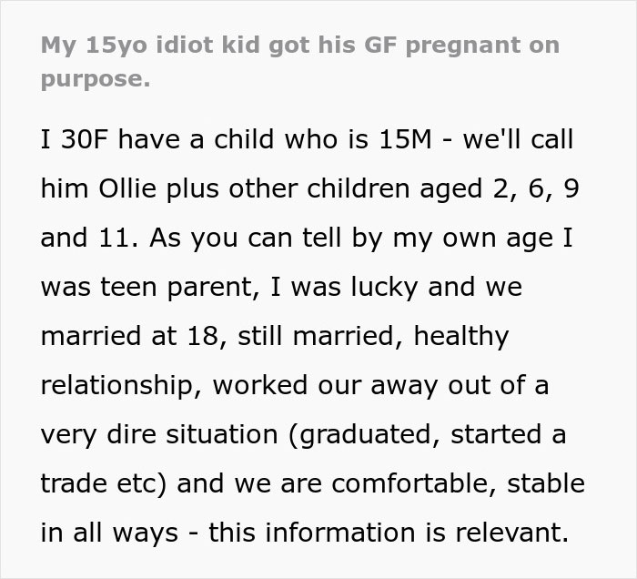 Extracto de texto de una historia personal sobre un hijo adolescente embarazada a su novia a propósito.