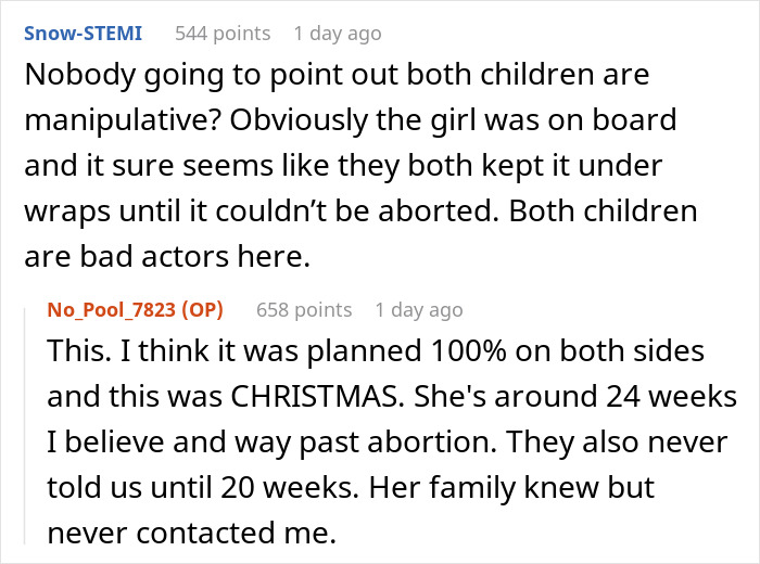 Discusión del foro sobre un hijo adolescente que dejó embarazada a su novia a propósito y los planes detrás del embarazo.