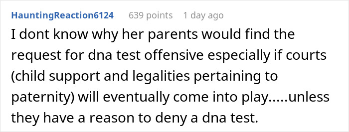 Comentario discutiendo la reacción de los padres a las solicitudes de prueba de ADN relacionadas con el hijo adolescente embarazada a la novia a propósito.