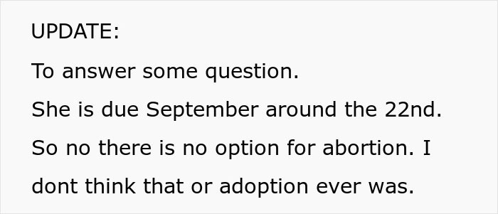 Actualización de texto sobre adolescente Hijo embarazada a propósito, mencionando la fecha de vencimiento y sin opción de aborto.