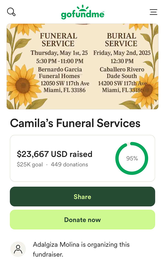 Página de GoFundMe que muestra recaudación de fondos para los servicios funerarios de Camila con progreso y detalles de la donación.