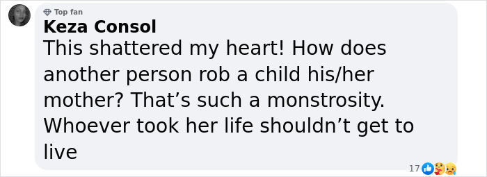 Comentario de Facebook expresando desamor sobre un niño pequeño encontrado cubierto de sangre después de un trágico incidente que involucra a la madre de un influencer.