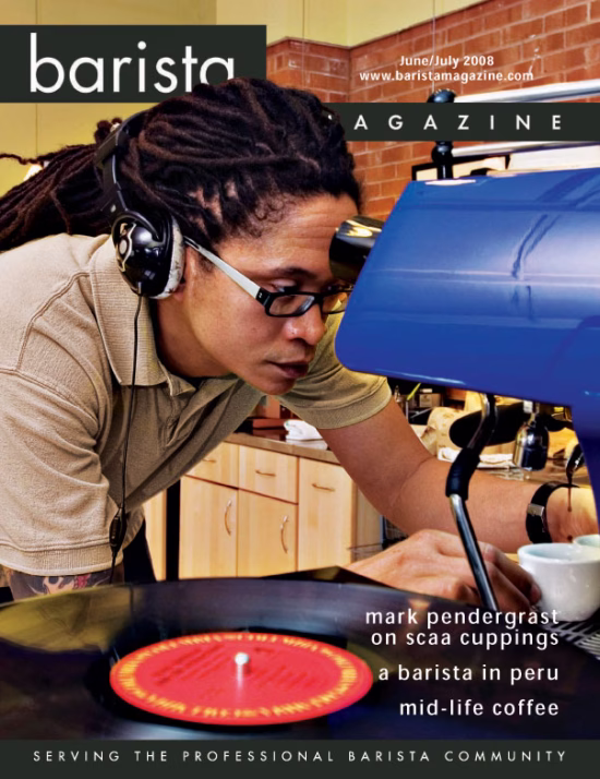 Portada de la edición de junio + julio de 2008 de la revista Barista con Lem Butler en la portada.