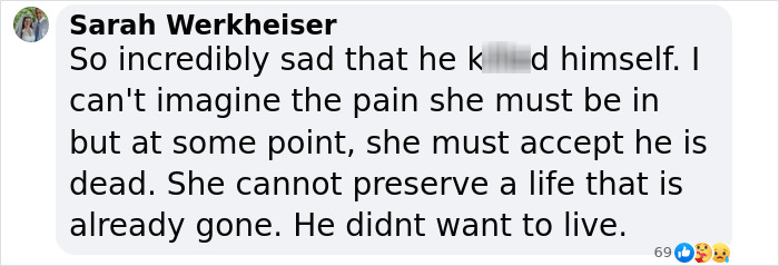 Comentario de Sarah Werkheiser expresando tristeza por el suicidio de su hijo y lucha por aceptar su muerte.