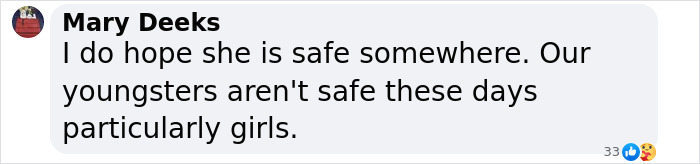 Comentario de Mary Deeks expresando esperanza por la seguridad de una adolescente desaparecida que desapareció en su camino al aeropuerto.