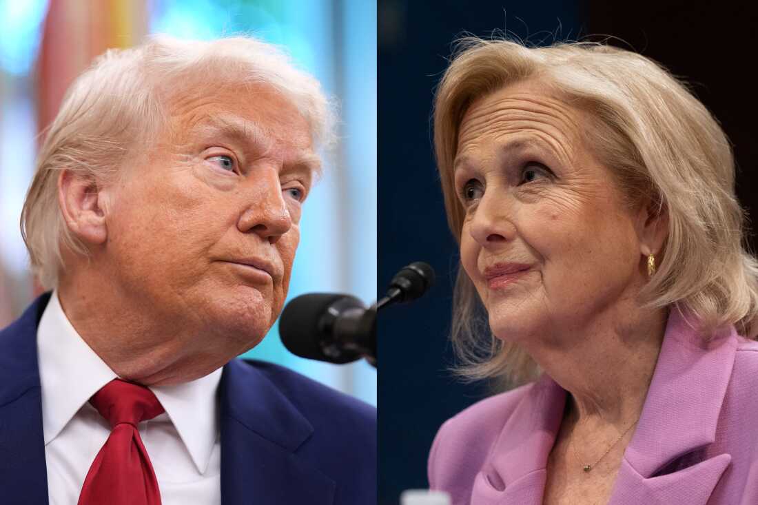 El presidente Trump emitió una orden ejecutiva que dirigía a la corporación para la transmisión pública y las estaciones de televisión pública para retener fondos de PBS. El viernes, PBS, dirigido por Paula Kerger (derecha), y Lakeland PBS de Minnesota demandó.