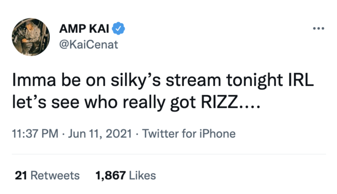ΑMP κaι @kaicenat IMMA estar en Silky's Stream Tonight IRL Veamos quién realmente consiguió Rizz ... 11:37 PM · 11 de junio, 2021 · Twitter para iPhone 21 Retweets 1,867 Me gusta