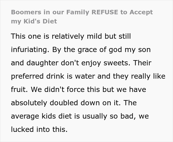 Texto sobre los boomers que se niegan a aceptar la dieta de niños saludables, con los niños que prefieren agua y fruta sobre los dulces.