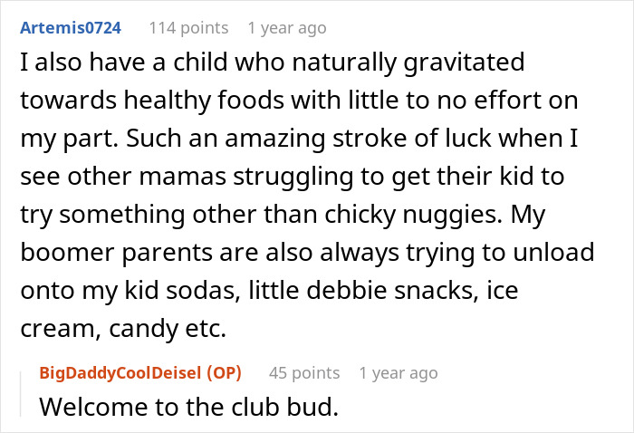 Comentario de Reddit sobre parientes boomer que ofrecen a los niños dulces y refrescos poco saludables, afectando hábitos saludables y crianza de los hijos.