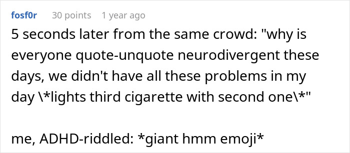 Captura de pantalla de un comentario de Reddit sobre la neurodivergencia, reflejando la frustración con los parientes boomer que socavan los hábitos saludables de los niños.