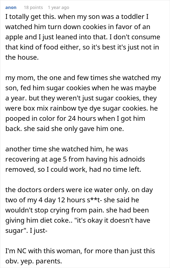Texto de un padre que comparte la frustración sobre los parientes boomer que socavan los hábitos saludables de los niños al dar dulces y refrescos a pesar de las órdenes de los médicos.