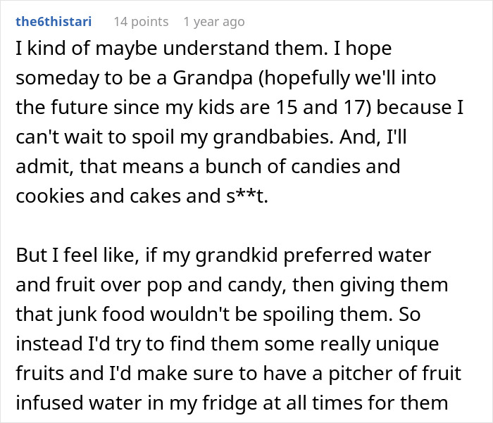 Comentario discutiendo a los parientes boomer que estropean a los nietos con dulces y refrescos, afectando los hábitos saludables de los niños.