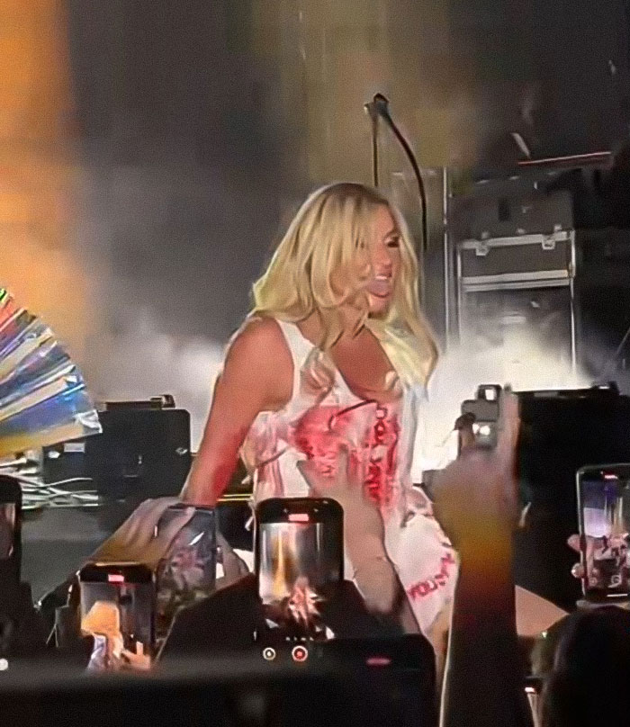 Kesha actuando en Mighty Hoopla, involucrado en un controvertido acto de clasificación X con un bailarín en el escenario.