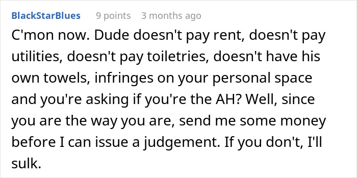 Texto alternativo: Un comentario humorístico sobre el novio de un compañero de cuarto que usa la ducha resalta la molestia y el modo mezquino completo.