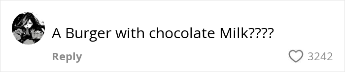 Comentario de las redes sociales cuestionando los almuerzos escolares estadounidenses, destacando combinaciones de comidas inusuales como una hamburguesa con leche con chocolate.