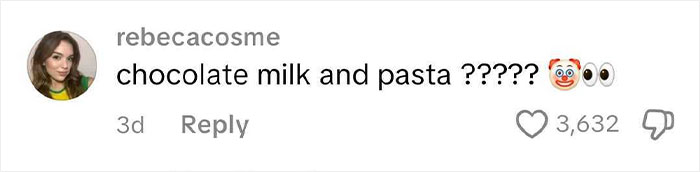 Comente sobre los almuerzos escolares estadounidenses leyendo leche con chocolate y pasta con emojis de payaso y ojos, mostrando reacciones.