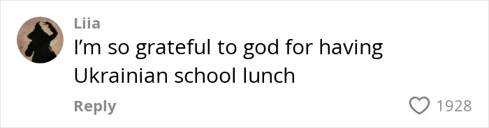 Comente de Liia expresando gratitud por tener un almuerzo escolar ucraniano, relacionado con los adolescentes que comparten cómo se ven los almuerzos escolares estadounidenses.