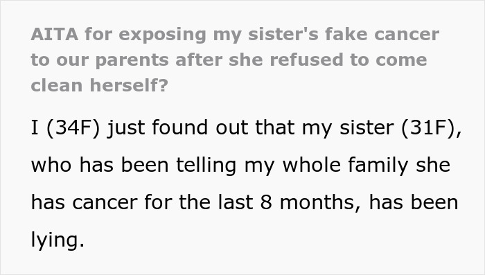 Extracto de una historia sobre exponer el cáncer falso de una hermana después de que ella se negó a aclararse con los padres.