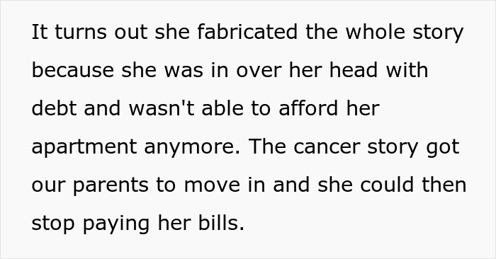 Texto alternativo: texto que describe una historia de cáncer fabricada que causa conflictos familiares después de negarse a aclararse con los padres.