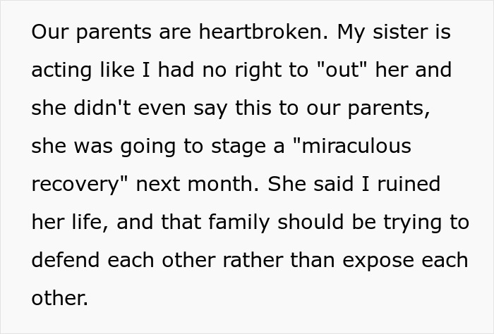 Texto que describe el conflicto familiar después de exponer el cáncer falso de la hermana a sus padres, causando angustia y tensión.