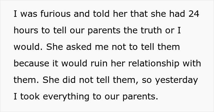 Envíe un mensaje de texto que muestra a una persona que expone el cáncer falso de su hermana a sus padres después de que ella se negó a aclararse al respecto.