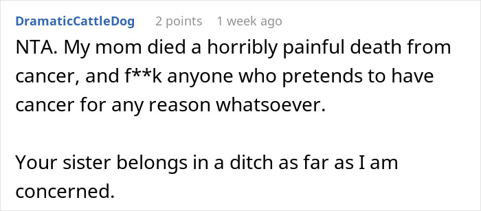 Captura de pantalla de un comentario de Reddit discutiendo exponer el cáncer falso de una hermana después de que ella se negó a acelerarse.