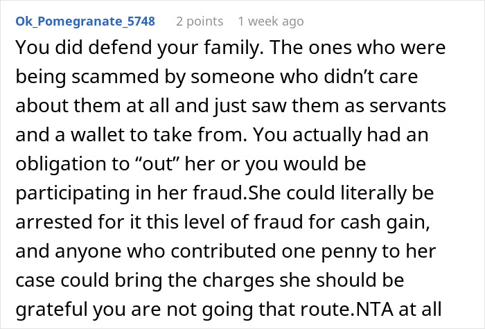 Comentario discutiendo defender a la familia después de exponer el falso fraude del cáncer de la hermana y las consecuencias involucradas.