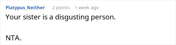 Captura de pantalla de un comentario de Reddit que indica que su hermana es una persona desagradable en una discusión sobre la exposición de cáncer falso.