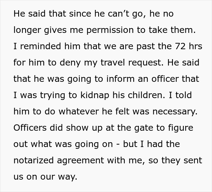 Extracto de texto que describe a una mujer que maneja problemas de permiso de viaje con su ex y trata con oficiales del aeropuerto después de que su pasaporte fue revocado.