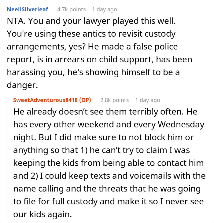 Captura de pantalla de una conversación de Reddit que discute la custodia legal y los problemas de manutención infantil que involucran a una mujer y a su ex.