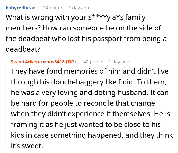 Discusión de Reddit sobre una mujer que no advierte a su ex muerto que su pasaporte fue revocado, dejándolo varado.