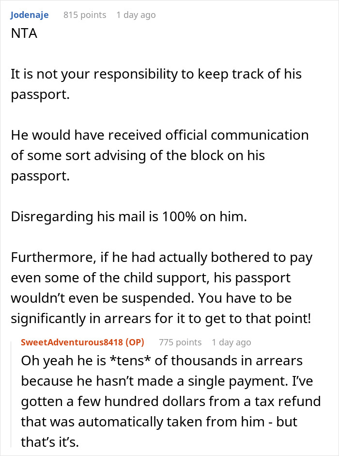 Discusión sobre la mujer que no advierte a Deadbeat ex sobre la revocación del pasaporte dejándolo varado en el aeropuerto por atrasos en la manutención de los hijos.