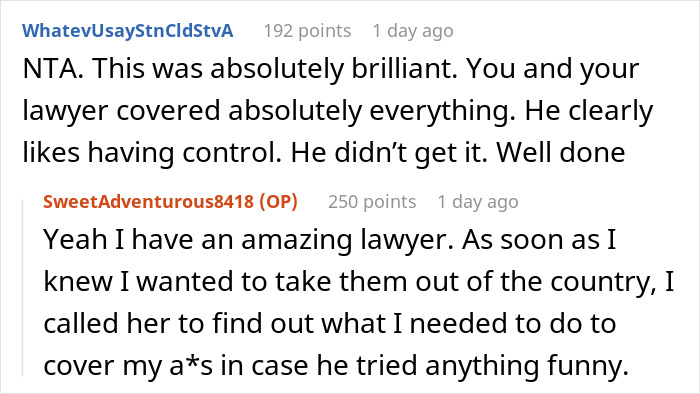 Captura de pantalla de una discusión de Reddit sobre una mujer que revocó el pasaporte de su ex muerto, dejándolo varado en el aeropuerto.
