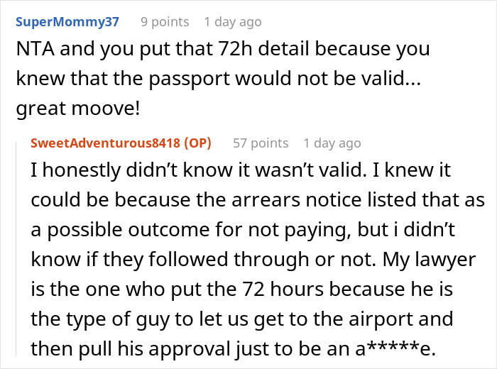 Captura de pantalla de una conversación de Reddit sobre una mujer que coloca a su ex ex ante el aeropuerto debido a la revocación del pasaporte.