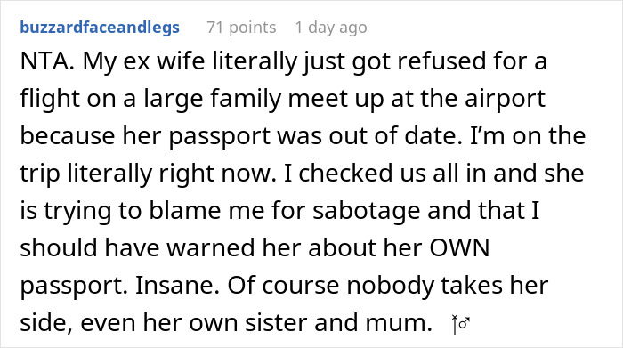 Captura de pantalla de un comentario de Reddit discutiendo el pasaporte expirado de una ex esposa, lo que hace que se quedara varada en el aeropuerto.