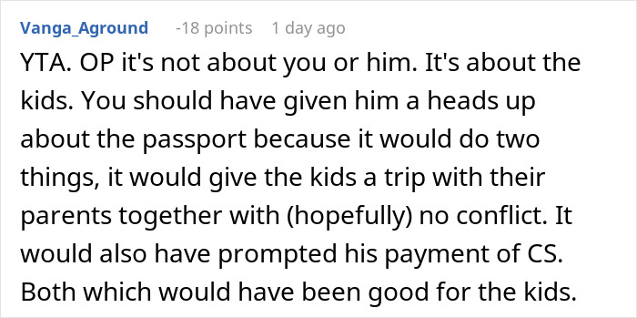 Comentario discutiendo la revocación del pasaporte y su impacto en los pagos de manutención de niños y niños en un hilo de disputas familiares.