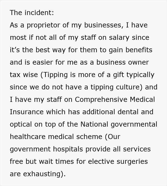 Extracto de texto que explica un propietario de un negocio que proporciona un seguro médico integral al personal en medio de una compañía de seguros niega el reclamo de los empleados.