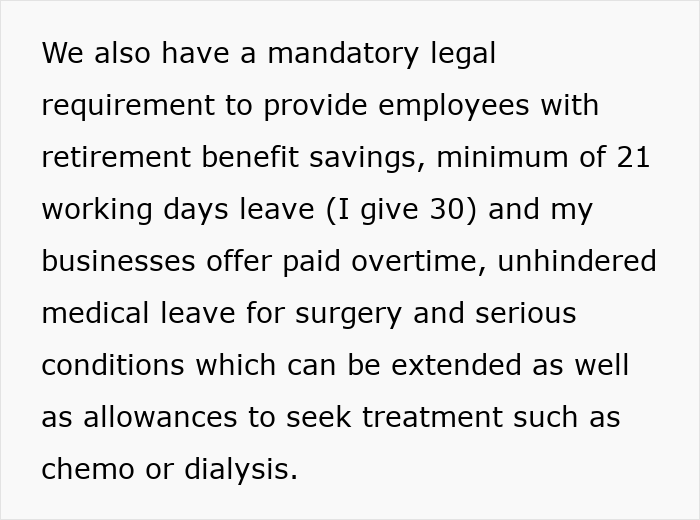 Bloque de texto que explica los requisitos legales obligatorios para los beneficios de los empleados, incluidas la licencia, las horas extras remuneradas y las políticas de licencia médica.
