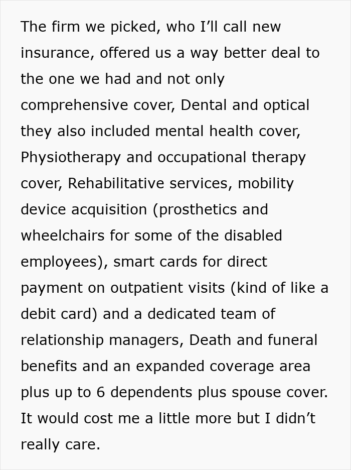 Extracto de texto que describe la nueva cobertura de seguro que incluye beneficios dentales, de salud mental, fisioterapia y servicios de rehabilitación.