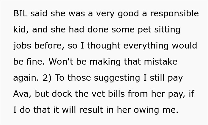 Texto que muestra una discusión sobre negarse a pagar a una mujer gato debido a las facturas de veterinarios y la experiencia anterior en mascotas.