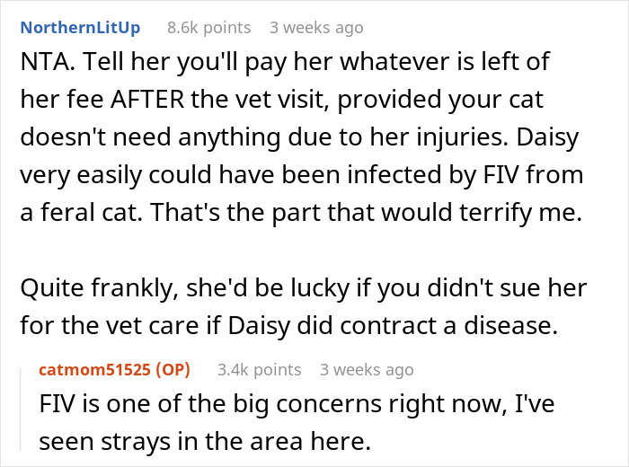 Usuario de Reddit discutiendo las preocupaciones sobre negarse a pagar a la bisotería debido a la posible infección por FIV de un gato salvaje.