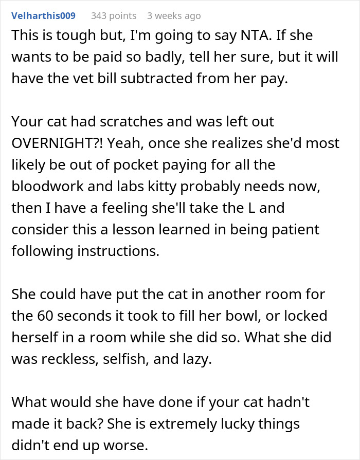 Comentario discutiendo la negativa a pagar a un gato después de que el gato quedó fuera durante la noche y lesionó.