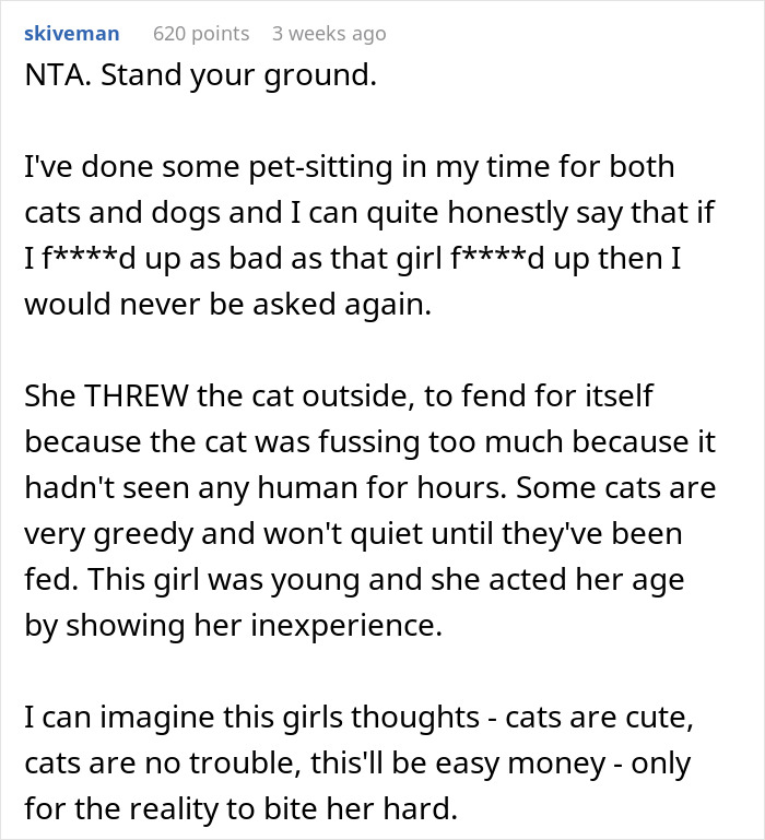 Comentario del usuario discutiendo negarse a pagarle a una mujer gato que descuidó al gato, destacando las responsabilidades y los problemas de la cuidados de gatos.