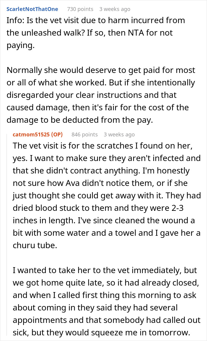 Discusión de Reddit sobre negarse a pagar a Cat-Witter debido a la visita al veterinario causada por la negligencia de Sitter con rasguños en Cat.