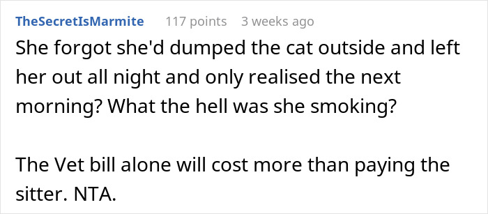 Comentario de Reddit discutiendo negarse a pagar a un gato después de que el gato se fue afuera toda la noche.