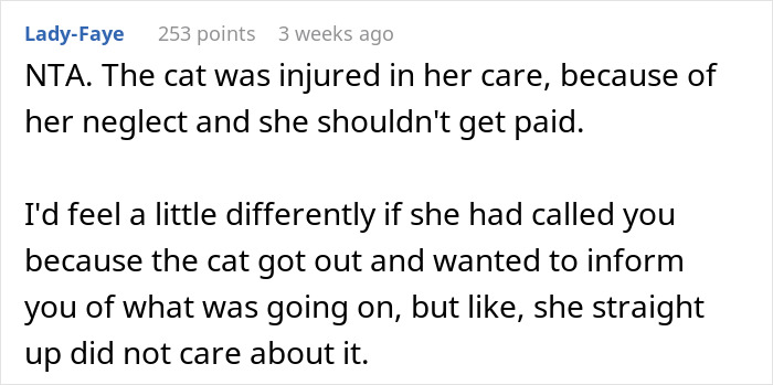 Comente en un foro que discute la negativa a pagar a una mujer de gato después de que el gato resultó herido debido a una atención negligente.