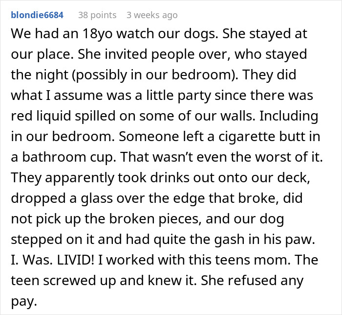 Texto alternativo: Usuario que comparte una historia sobre negarse a pagar a una camarera después del daño y la ruptura de las reglas durante la sesión de mascotas.
